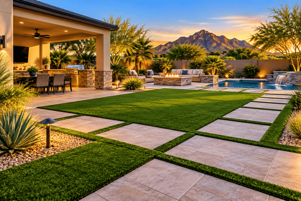 luxury backyard at sunset